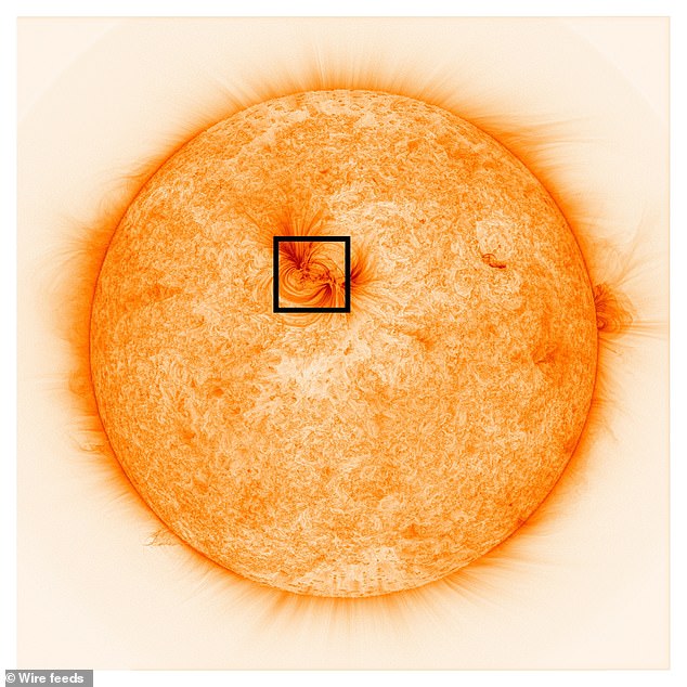 British researchers have revealed the highest-ever resolution images of the Sun and its atmosphere, showing plumed of electrified hot gas in dark spots - highlighted in the square