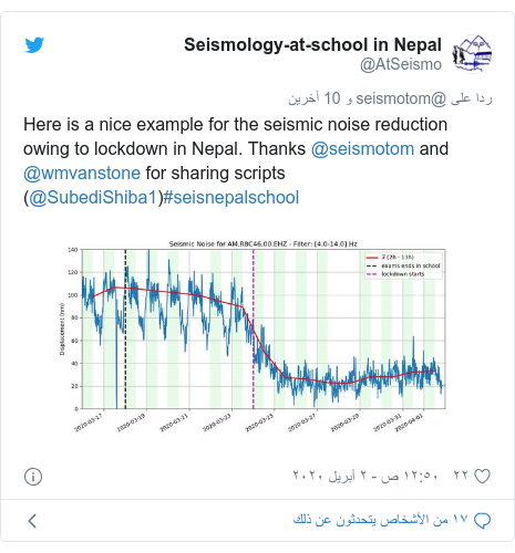 تويتر رسالة بعث بها @AtSeismo: Here is a nice example for the seismic noise reduction owing to lockdown in Nepal. Thanks @seismotom and @wmvanstone for sharing scripts (@SubediShiba1)#seisnepalschool