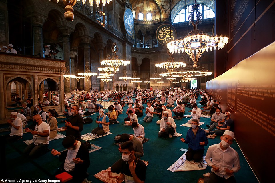 ISTANBUL, TURKEY: Muslims pray at the Hagia Sophia Grand Mosque, which recently held its first Islamic prayers for nine decades after it was converted from a museum into a mosque