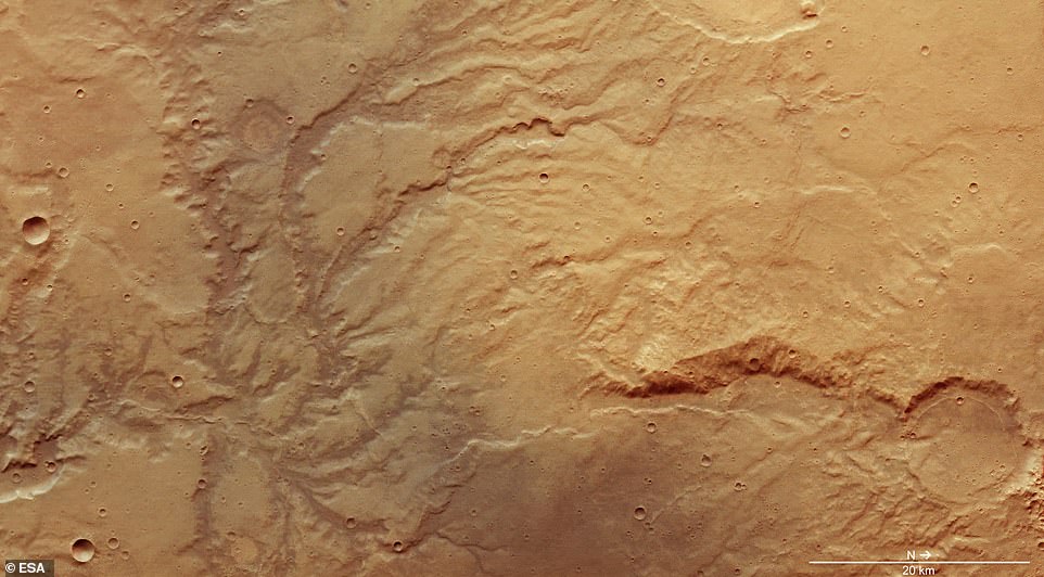 ‘We see Mars as a cold, dry world, but plenty of evidence suggests that this was not always the case,’ ESA explains. River systems that have since long dried up, such as that shown above (center) are signs of flowing water that once existed on the surface 