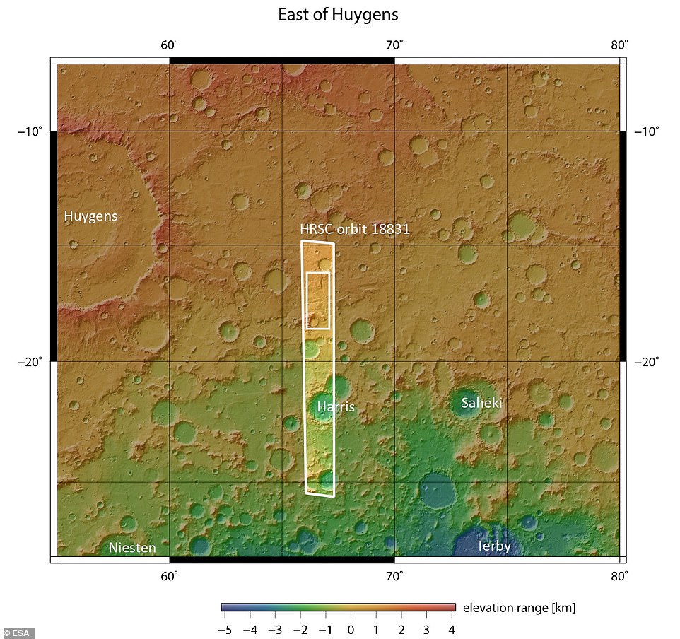One particular region highlighted in the latest batch of satellite photos shows ‘clear signs of past water activity,’ according to ESA. The region (circled above) that sits just east of Mars’ famous Huygens impact crater in the southern highlands is carved by ancient valleys and other evidence of water that go against our current view of the Martian climate