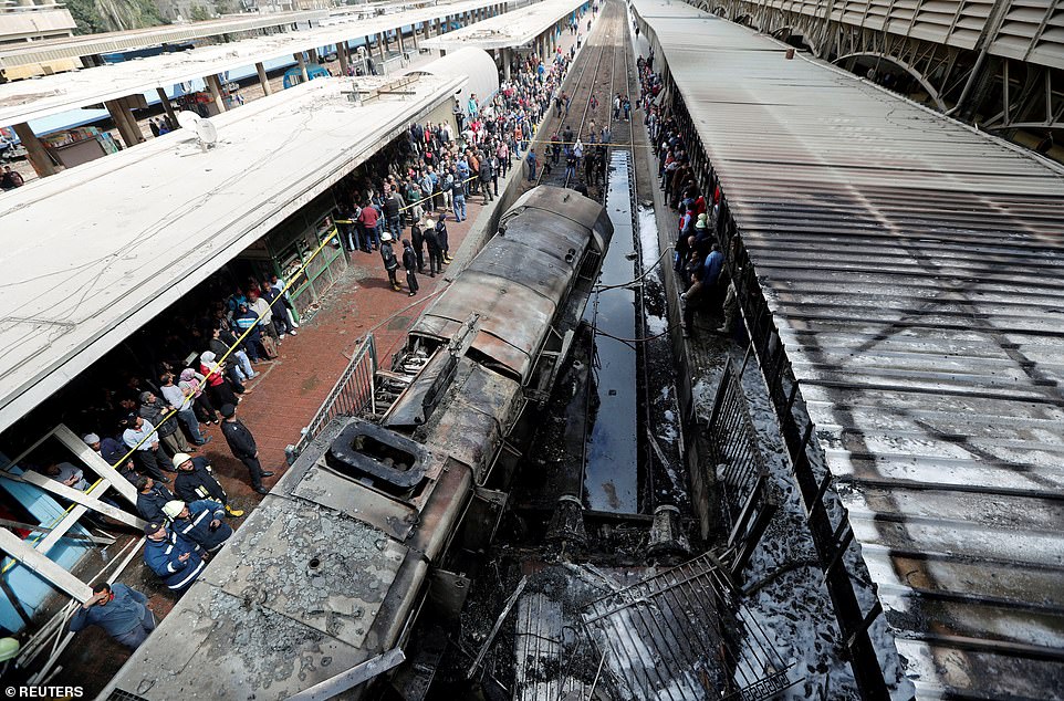 The crash caused the train's fuel tank to burst which in turn sparked a huge blaze that engulfed a platform at the station, which is the busiest in Egypt