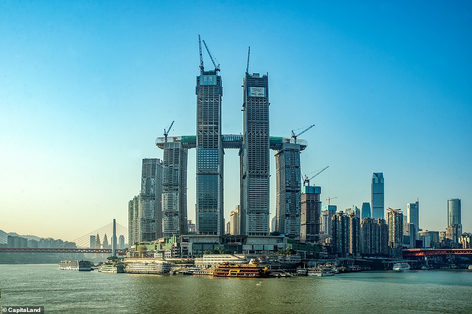 New landmark: A mega-structure comprising eight skyscrapers and an impressive sky bridge  is near completion in China