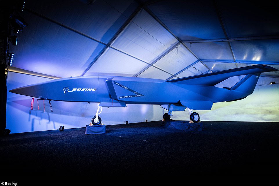 The aerospace giant revealed the drone, which it says is part of a new unmanned platform, called the Boeing Airpower Teaming System, at the Australian International Airshow on Tuesday. Pictured is a prototype version of the aircraft