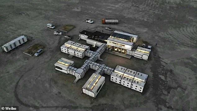Up to 60 people can be housed in the establishment (pictured) which is built from containers and designed to resemble Martian accommodation. It cost approximately £17 million to build and is found in the city of Mang'ai in the arid Qaidam Basin