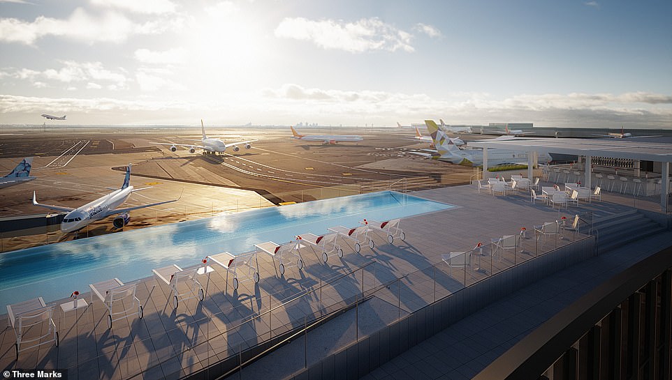A rendering, shared exclusively with MailOnline Travel, shows how the TWA Hotel's 64-foot-long swimming spot will afford swimmers views of the runways and taxiways