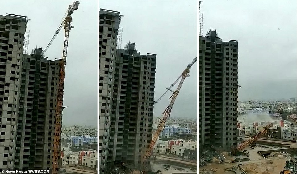 Downfall: This set of images shows a crane which was rigged up next to a 20-storey building collapsing to the ground