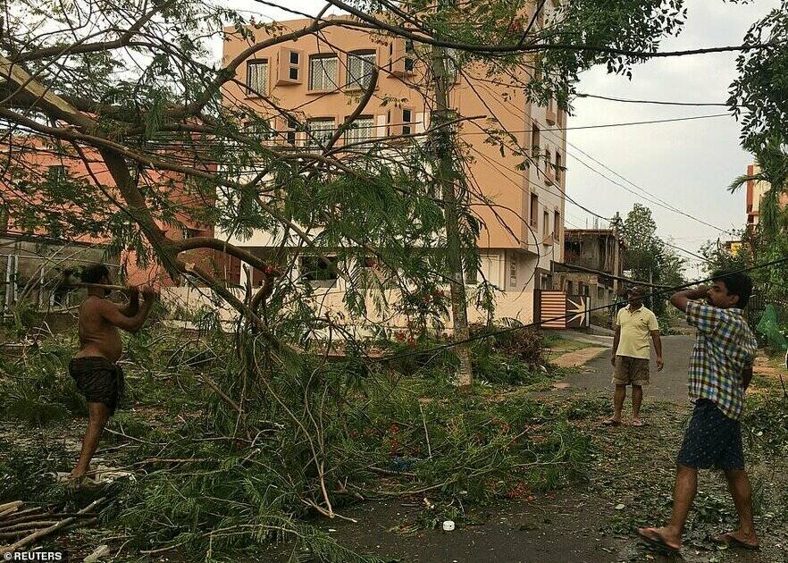 A man cuts branches of an uprooted tree in a residential area following Cyclone Fani in Bhubaneswar, capital of the eastern state of Odisha, India