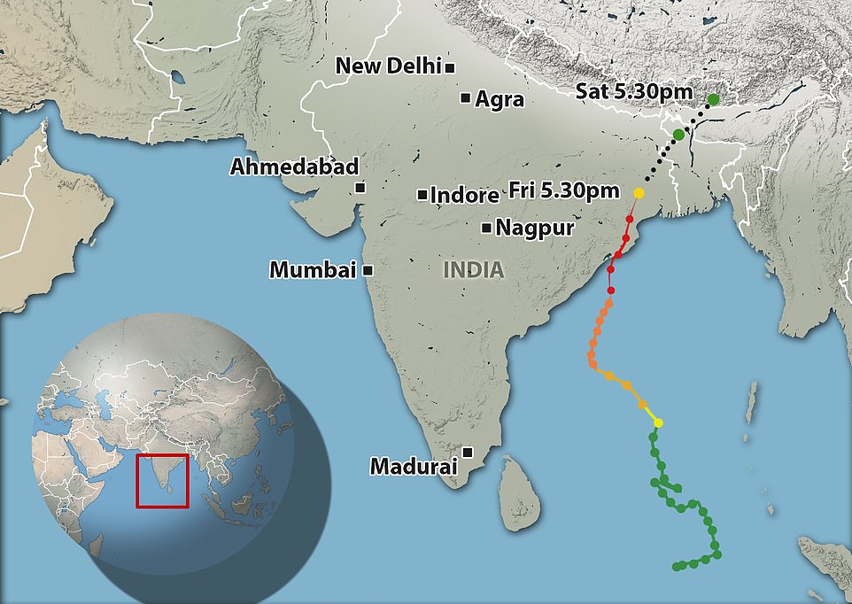 A map of Cyclone Fani's path of destruction travelling up from the waters south of India and into Bangladesh this morning