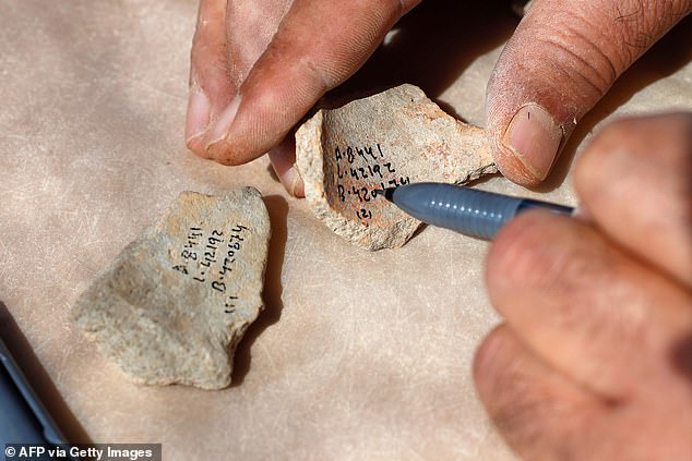 A worker marks reference numbers on pottery fragments unearthed at the archaeological site of En Esur (Ein Asawir)