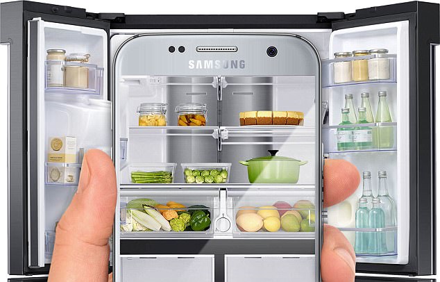 The Samsung fridge takes pictures of the contents inside and sends it to shoppers to save them writing lists and can be controlled centrally by a smartphone app 