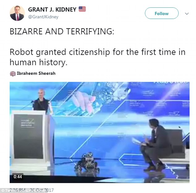While Sophia is happy with her citizenship, other have expressed concerns on Twitter about it. Grant J Kidney simply described the honour as 'bizarre and terrifying'