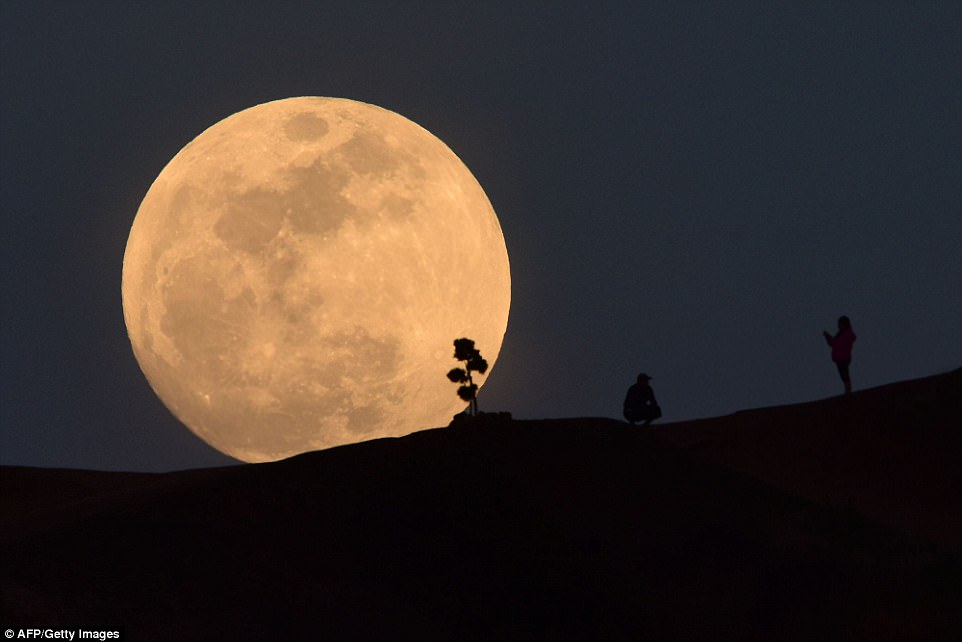 A rare super blue blood moon - which might look similar to this large orange moon spotted rising over Griffith Park in Los Angeles - is gracing the world's skies. When the moon is nearer the horizon, moonlight must pass through more atmosphere than when it is overhead, which is why the moon sometimes appear orange
