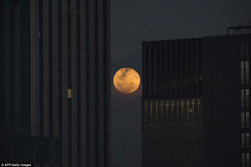 The moon rises between two office buildings in Bangkok. Weather permitting, eclipse fans in Hawaii will experience the lunar eclipse from start to finish, as will skywatchers in Alaska, Australia and eastern Asia