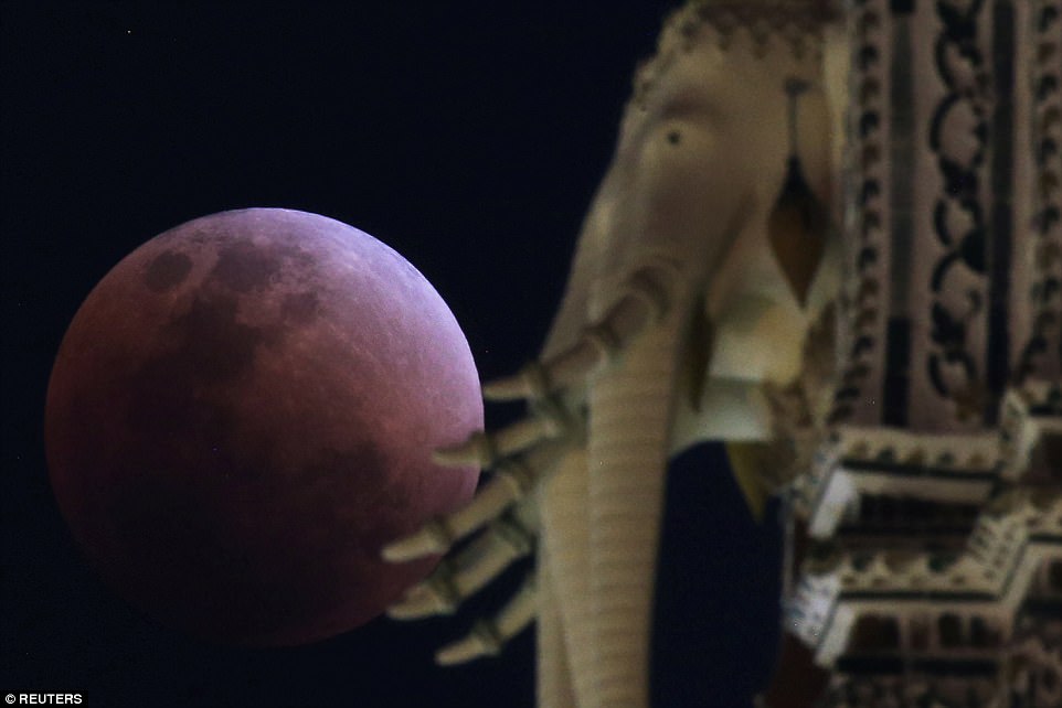 A "super blood blue moon" is seen during an eclipse behind an elephant statue at a temple in Bangkok, Thailand,