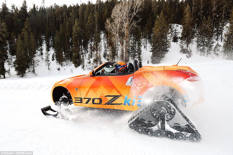 They have replaced the alloy wheels and high-performance tyres with skis on the front and 'Dominator' snow tracks at the rear The result is a snow vehicle dubbed the Nissan 370Zki, which will make its world debut at this week's Chicago Auto Show