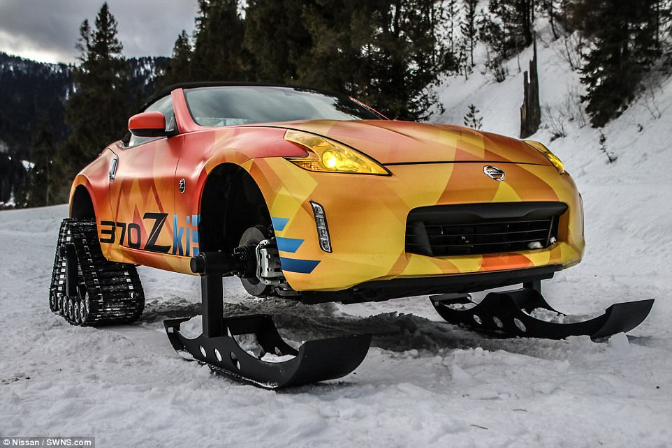 Nissan has unveiled the ultimate vehicle for extreme winter conditions, a 330 horsepower sports car fitted with skis and snow tracks