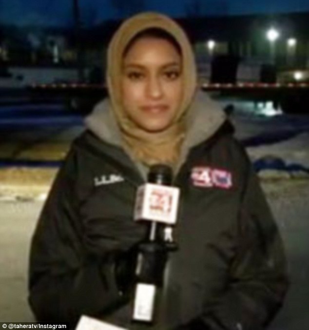On the job: Tahera now intends to keep reporting while wearing her hijab, and hope her work and talent, rather than her headscarf, will soon become the story
