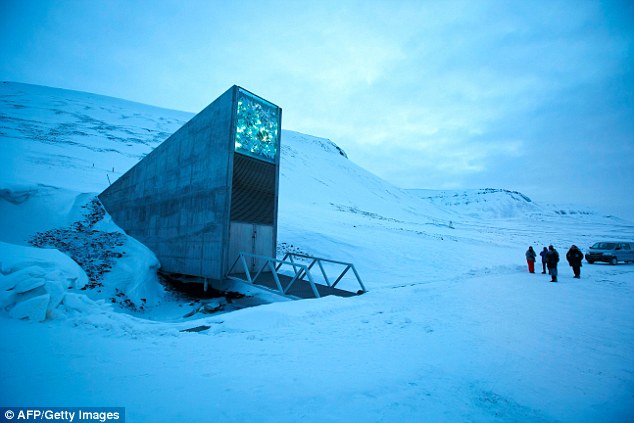 Pictured, the entrance to the Svalbard Global Seed Vault. It was constructed in 2008 as a place that could house the world's food supplies in case of nuclear war or global warming 