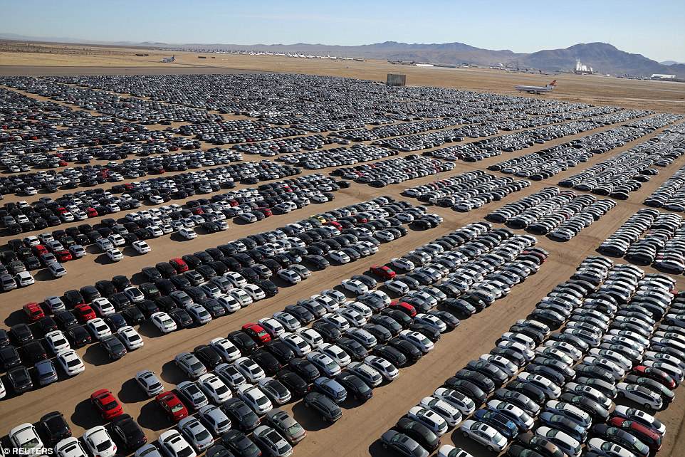 Reacquired Volkswagen and Audi diesel cars sit in a desert graveyard near Victorville, California