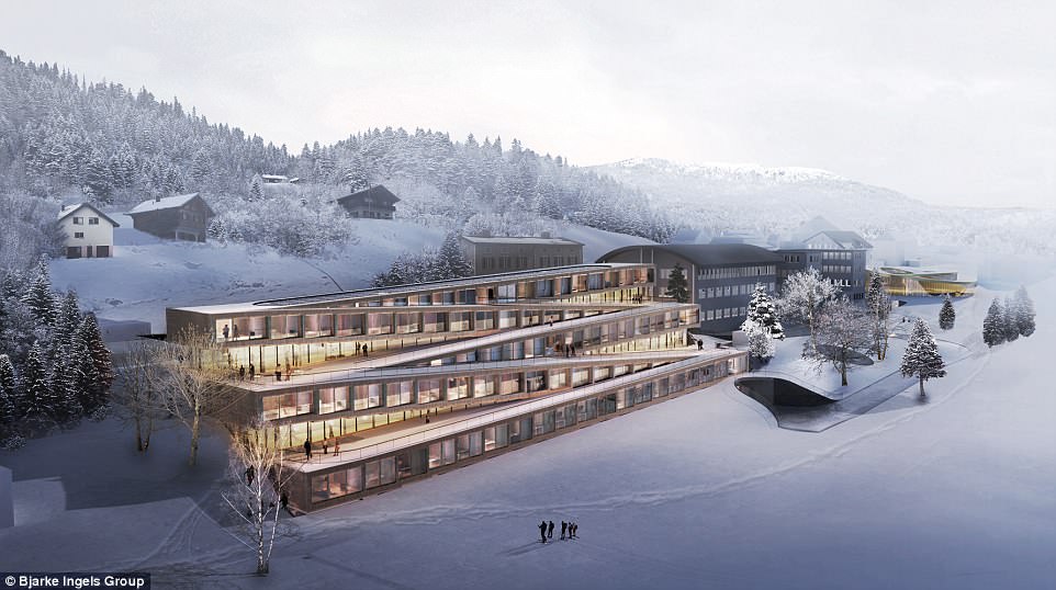 Guests at the Hotel des Horlogers, currently under construction in the Swiss village of Le Brassus, will be able to descend on their skis down a gently sloping path that runs down the roofs of each of its five storeys