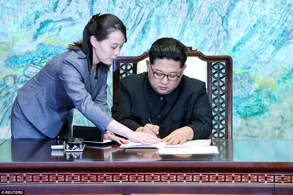 Kim Jong-un's sister, Kim Yo Jong, one of the dictator's key aides, is pictured assisting the North Korean leader as he signs documents