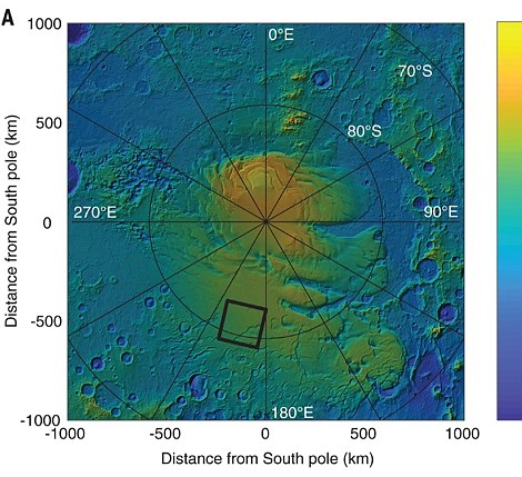 Pictured is the feature's position on the Martian south pole