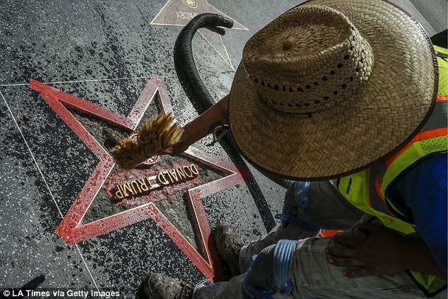 'I’d like people to know that the Walk of Fame is a historical landmark and I would very much like it if people didn’t damage any stars,'Ana Martinez, who is the vice president of media relations for the Hollywood Chamber of Commerce, said; Trump's star is shown here being reinstalled in October 2016