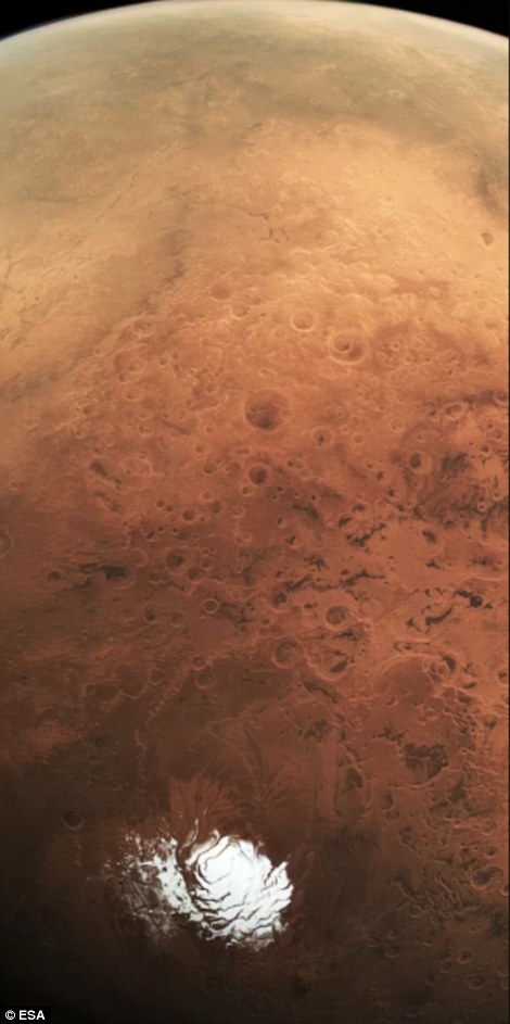 As it stands, current space exploration technologies would not allow for drills to penetrate deep enough to reach the lake. Pictured is an image taken by Mars Express probe of the Martian southern polar ice cap