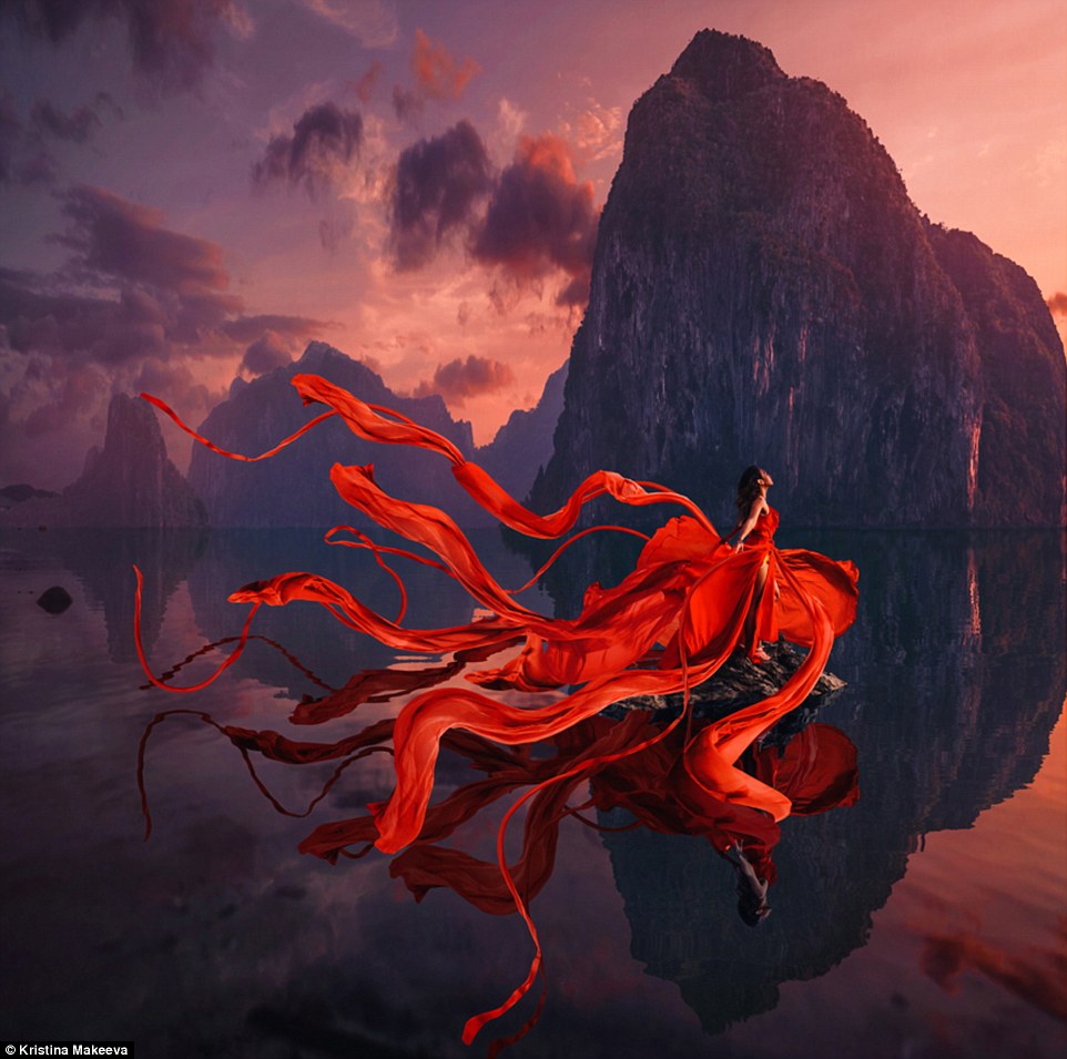 The photographer travelled to the island of Palawan in the Philippines for this dramatic shot of a model wearing an unusual red dress