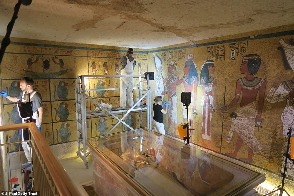 Wall paintings conservation work being conducted in the burial chamber of the tomb in the spring 2016.