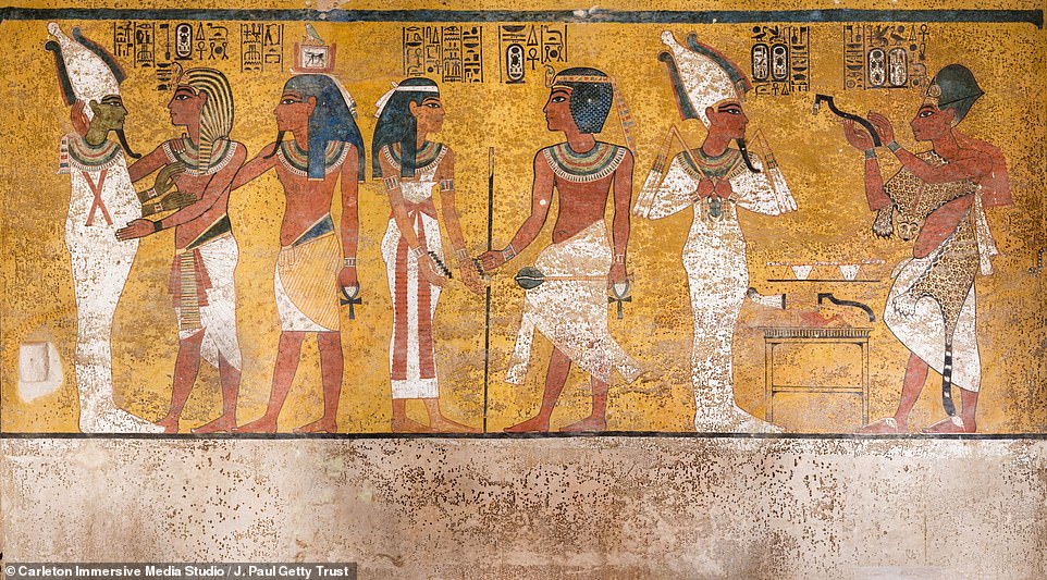 The fully restored north wall of the burial chamber depicts three separate scenes, ordered from right to left. In the first, Ay, Tutankhamun's successor, performs the 'opening of the mouth' ceremony on Tutankhamun, who is depicted as Osiris, lord of the underworld. In the middle scene, Tutankhamun, dressed in the costume of the living king, is welcomed into the realm of the gods by the goddess Nut. On the left, Tutankhamun, followed by his ka (spirit twin), is embraced by Osiris.