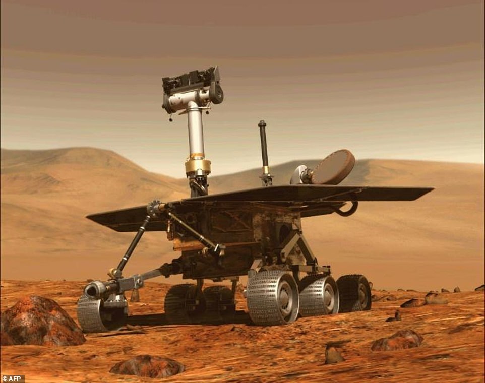 The agency made one final attempt to contact Opportunity Rover (pictured) eight months after the spacecraft last made contact. A giant dust storm blocked sunlight from Mars in 2018, stopping Opportunity's solar-powered batteries from being able to recharge
