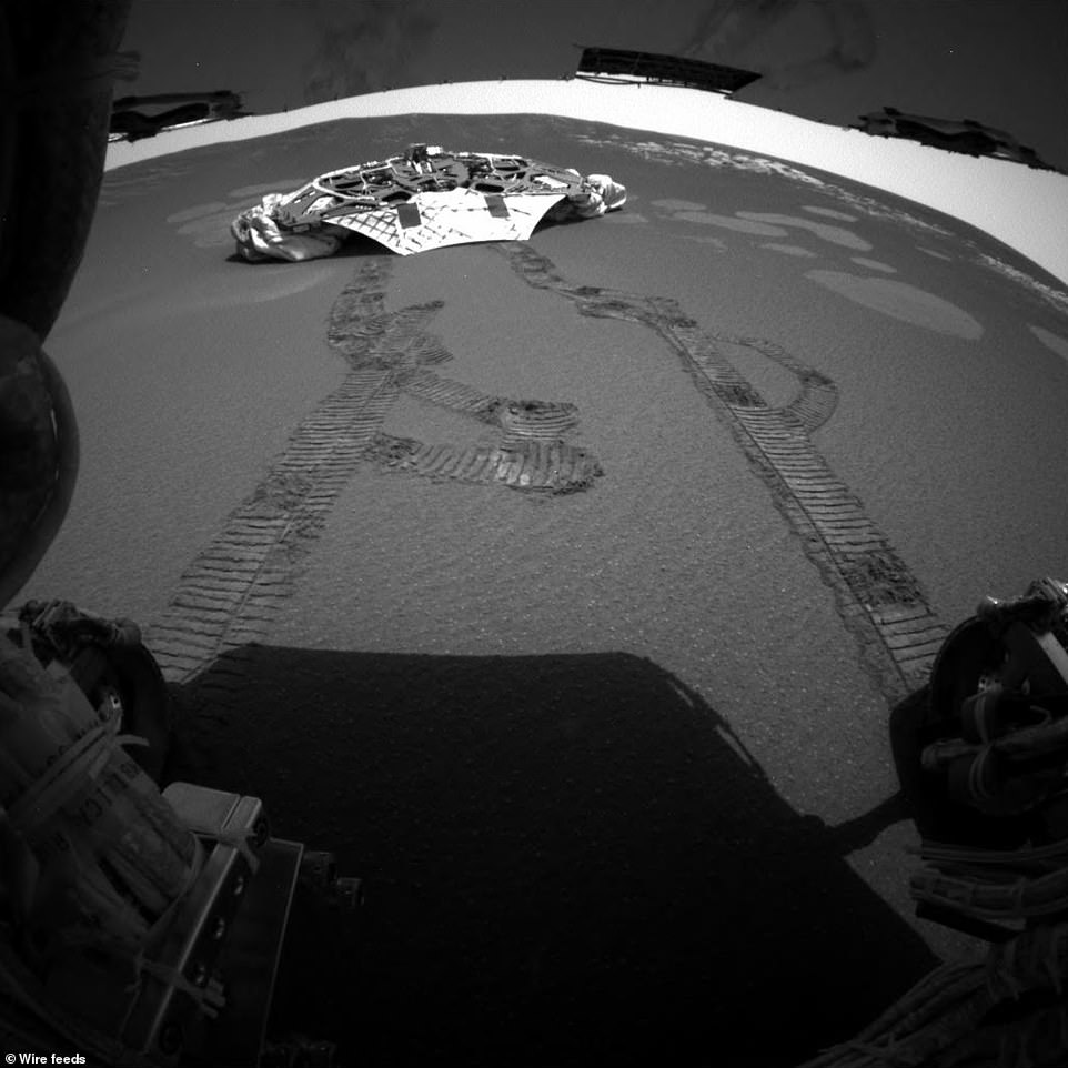 OpportunityÂ´s landing platform, with freshly made tracks, is shown above.Â Opportunity landed on Mars on Jan 24, 2004, touching down in a region called Meridiani Planum
