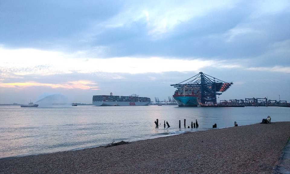 Standing tall: The ship recieved a 'warm welcome' from the Port of Felixstowe community