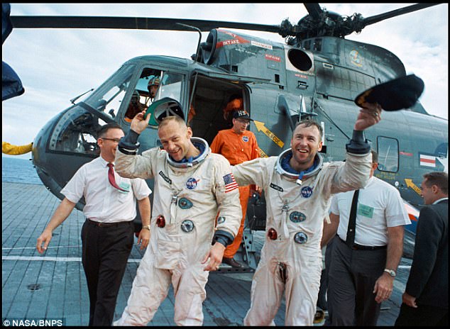 The collector has now decided to put the photo on the market and it is tipped to sell for £1,200 at an auction to be held on September 14. This image, also not for sale, shows Aldrin (left) and Jim Lovell after the splashdown of the Gemini 12 mission