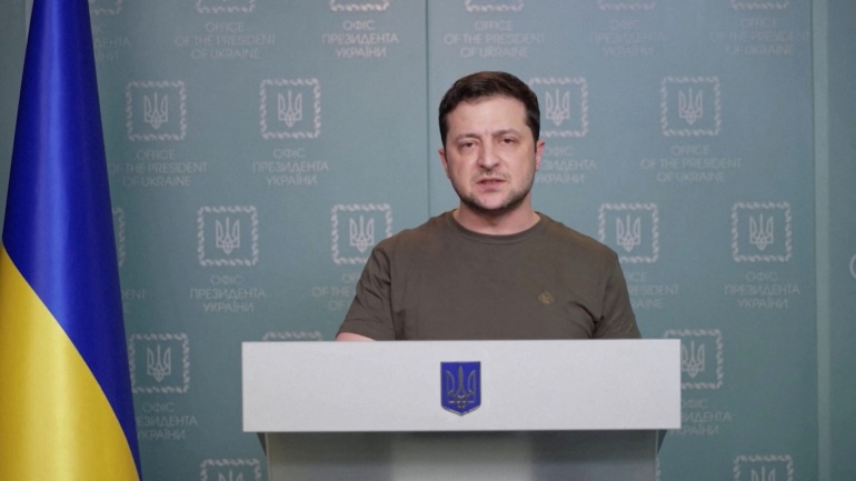 Ukrainian President Zelenskiy speaks during a video address where he urges the West to consider imposing a no-fly zone for Russian missiles, planes and helicopters, amid Russia's invasion of Ukraine, in Kyiv