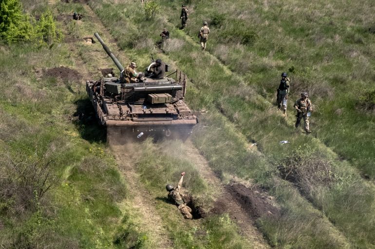 Ukrainian Army Tanks And Infantry Train Near Southern Front