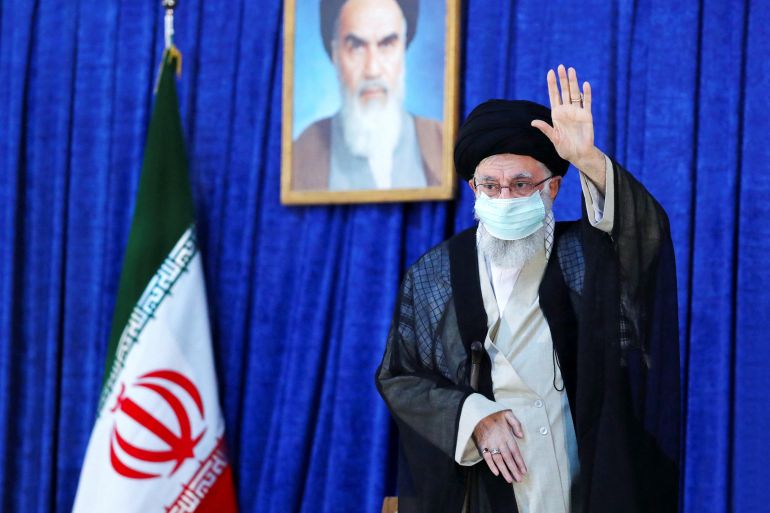Iran's Supreme Leader Ayatollah Ali Khamenei gestures during the 33rd anniversary of the death of the leader of Iran's 1979 Islamic revolution, Ayatollah Ruhollah Khomeini, at Khomeini's shrine in southern Tehran, Iran June 4, 2022. Office of the Iranian Supreme Leader/WANA (West Asia News Agency)/Handout via REUTERS ATTENTION EDITORS - THIS PICTURE WAS PROVIDED BY A THIRD PARTY