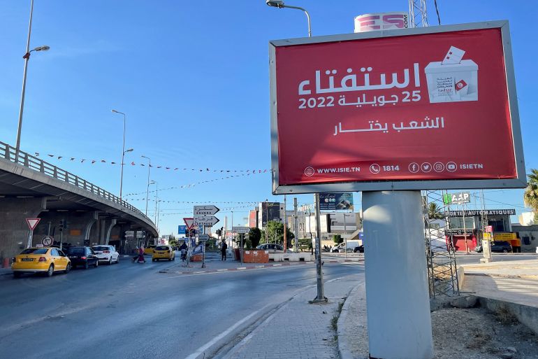 A view shows a campaign billboard for an upcoming referendum on a new constitution, in Tunis