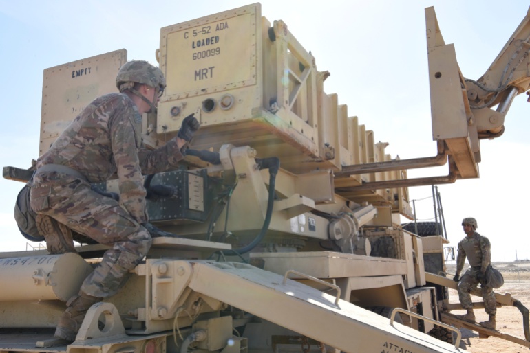 Operators take part in training on a U.S. Army Patriot surface-to-air missile launcher at Al Dhafra Air Base